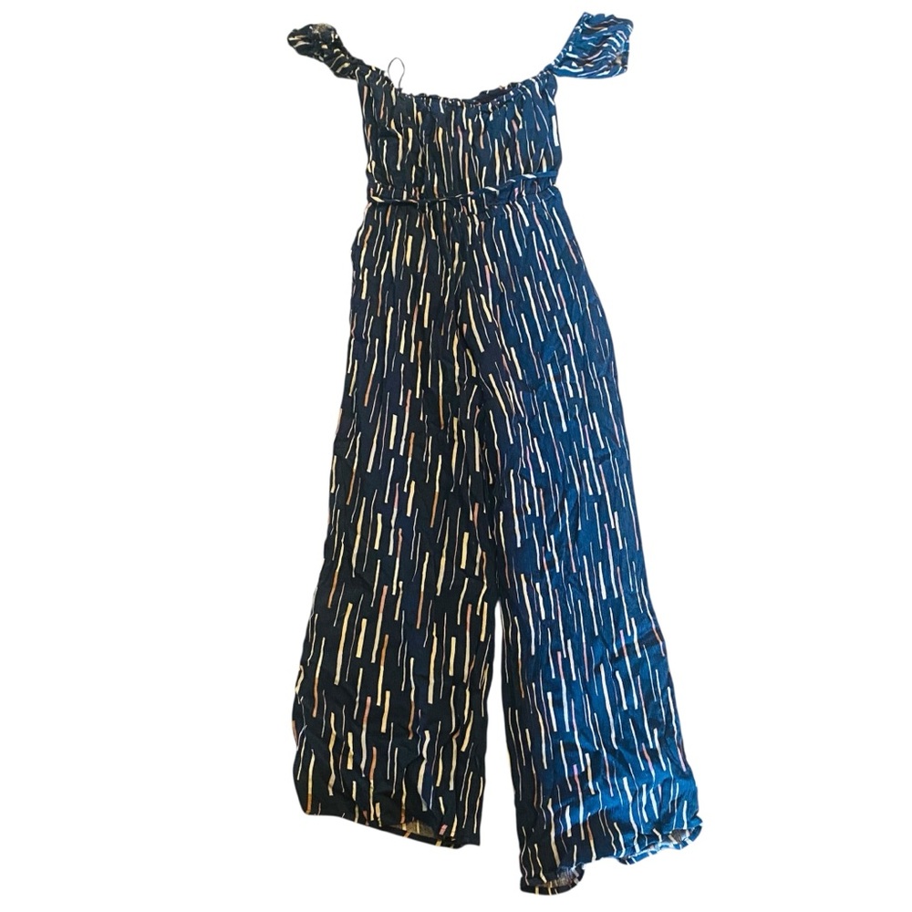 LULUS True Radiance Navy Blue Multi Print Off-the-Shoulder Jumpsuit S - Picture 4 of 6